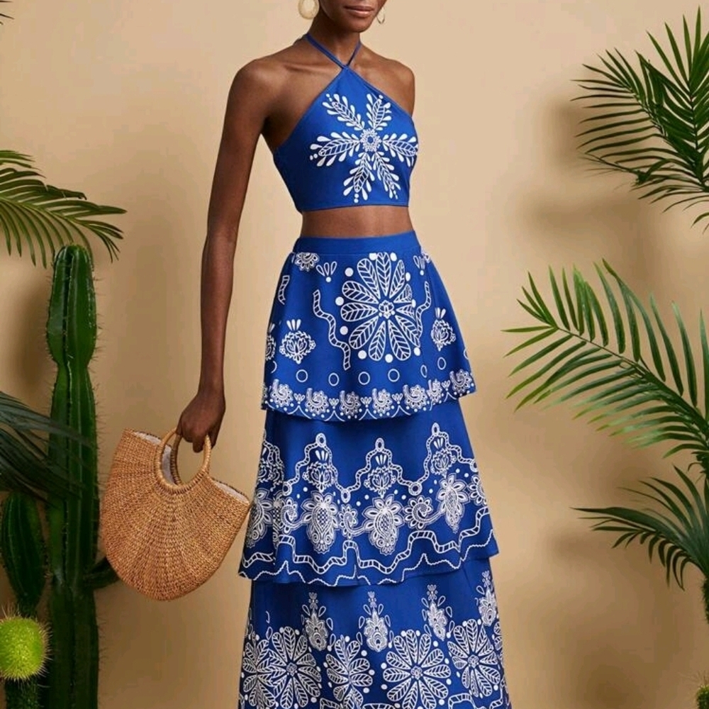 2 Piece Blue Printed Tiered Maxi Skirt and Halter Top.